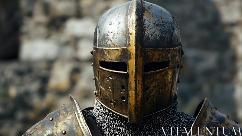 Battle-worn knight helm gleams with scars of forgotten wars.