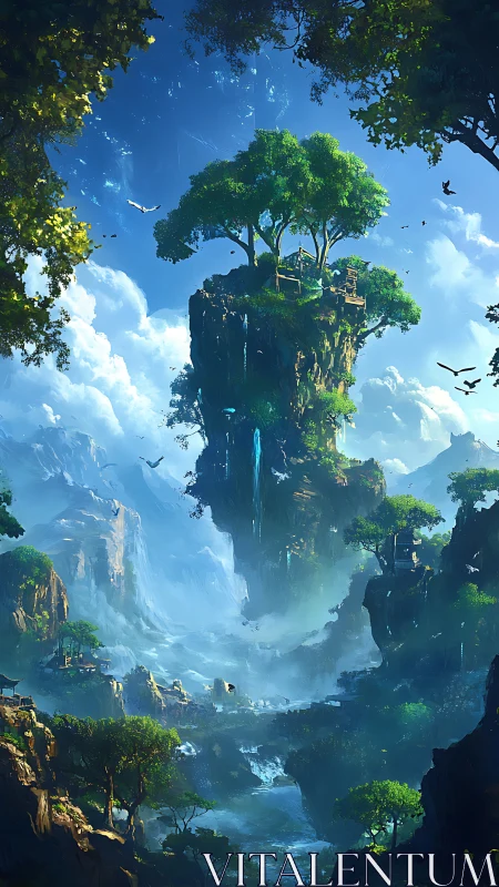 Vertical fantasy landscape with floating forest peak composition.