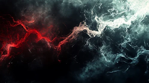 Crimson and silver currents weaving through quiet storm.