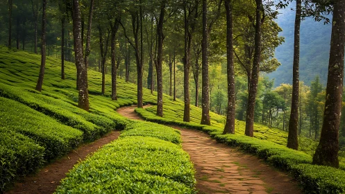 Tea plantation pathway through forest with mountains beyond.