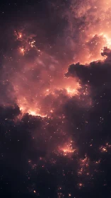 Dense cosmic nebula with glowing gas clouds in space.