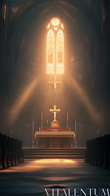 Golden hush over altar steps in cathedral stillness.