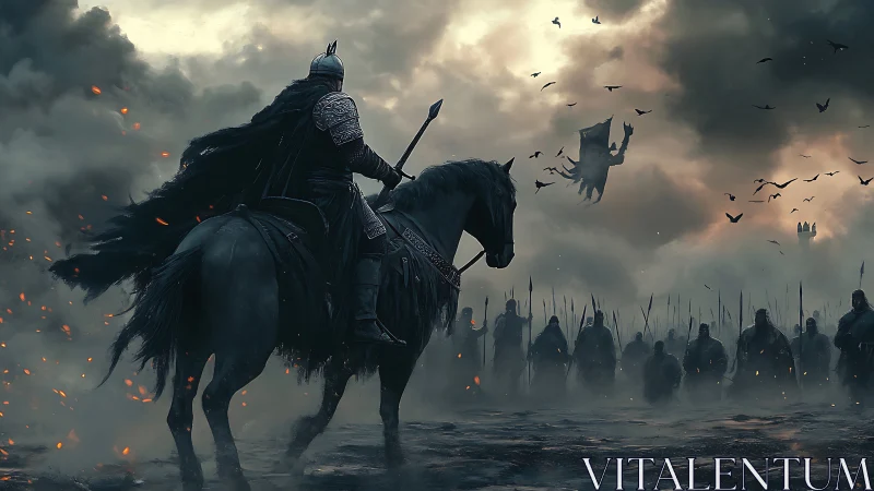 Armored warlord on horseback leads legion through burning fog.