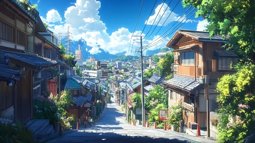 Sunlit hillside street leads into a bright, peaceful town
