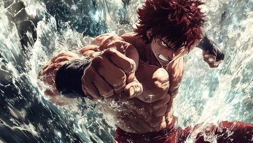 Dynamic anime fighter punching through explosive ocean spray.
