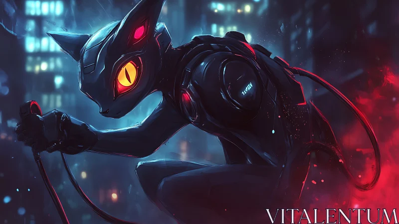 Cybernetic feline figure in neon urban night environment.