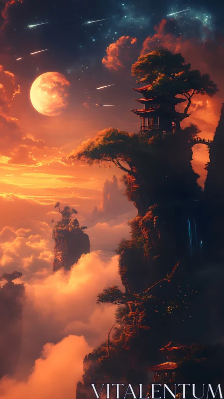 Cliffside pagoda above clouds under moonlit meteor sky.