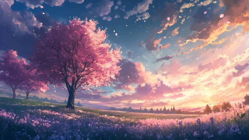 Pink blossom trees in open meadow under vivid sunset sky.