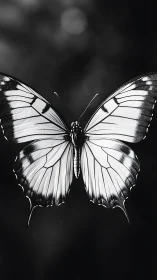 Monochrome butterfly poised like living ink on twilight air.