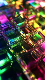 Colorful glass cubes in reflective geometric grid.