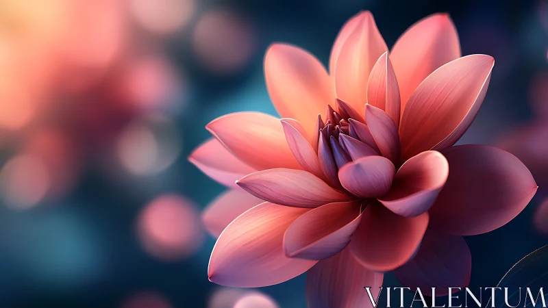 Coral Dahlia Unfolds in Luminous Dreamscape.