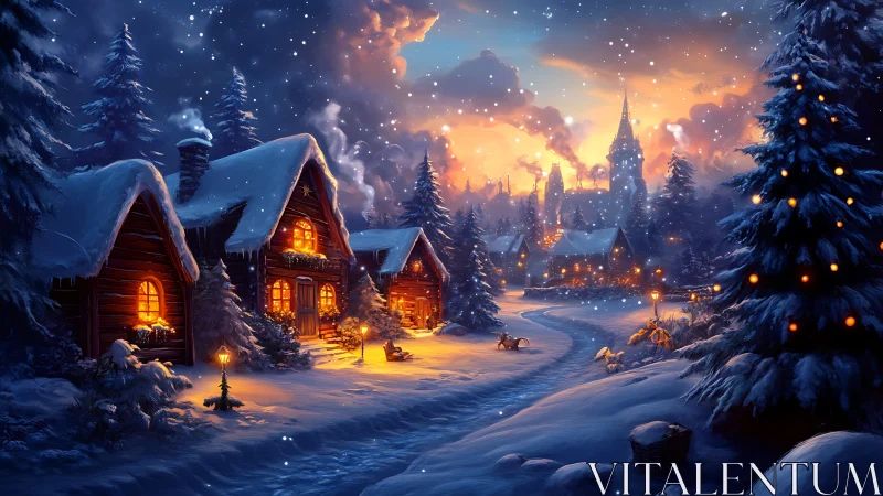 Snowy village street glows with warm winter cabin lights