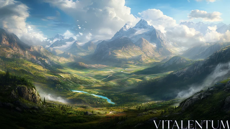 Sunlit alpine valley unfolds beneath towering snow peaks.