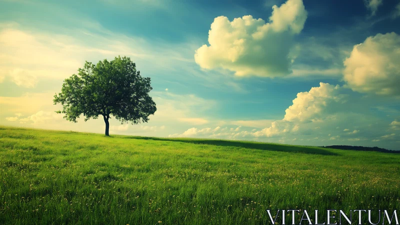 Lone Tree in Lush Green Meadow under Dramatic Sky, Photorealistic Style.