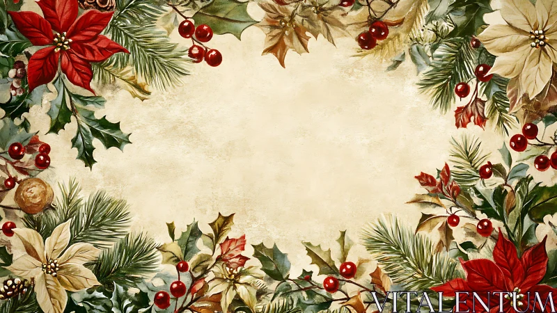 Festive poinsettia and holly border on textured parchment background.