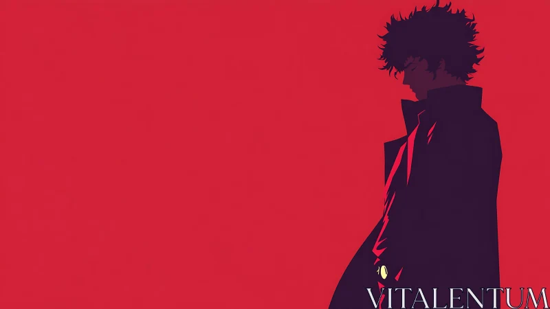 Silhouetted trench‑coat figure on red minimalist vector field