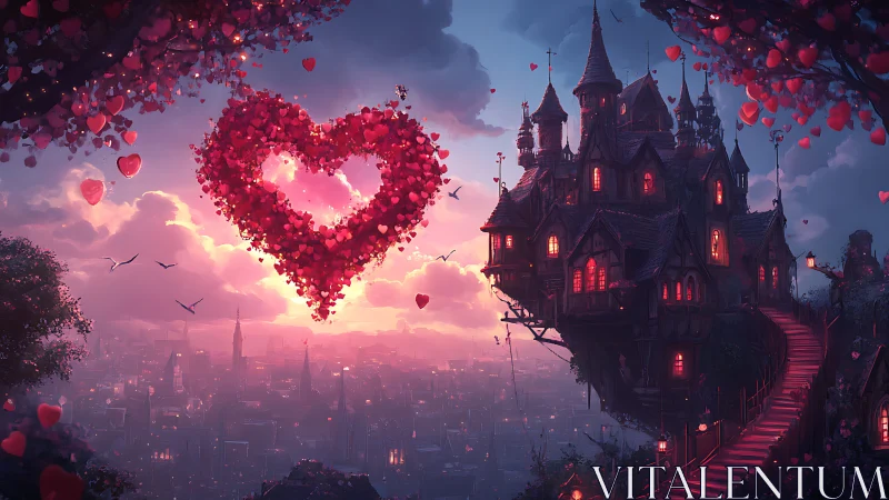 Digital Castle with Glowing Heart Suspended Above Twilight City
