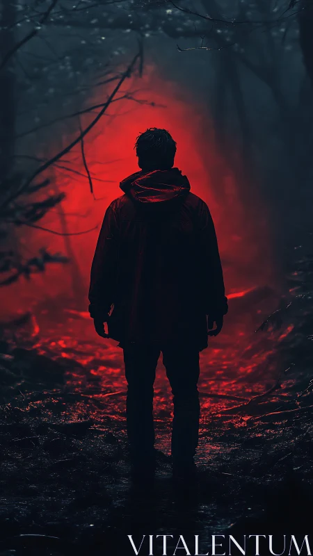 Silhouetted figure in red-lit forest path at night.