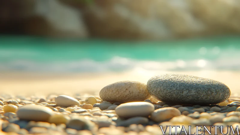 Coastal pebbles in shallow focus beside turquoise surf.