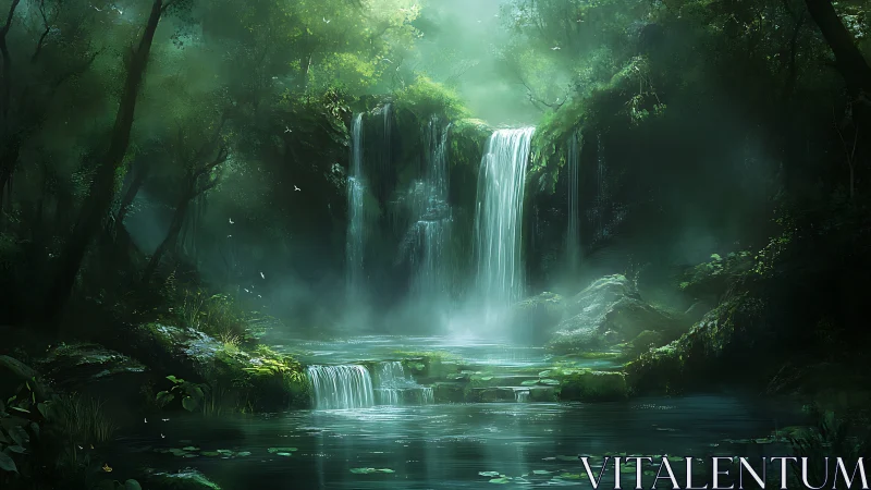 Dense forest waterfall scene with mist and reflective pool.