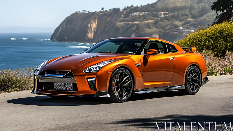 Aerodynamic orange sports coupe parked on coastal cliff road in daylight