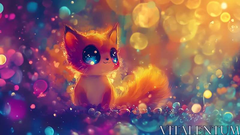 Digital painting of luminous chibi fox in bokeh dreamscape.