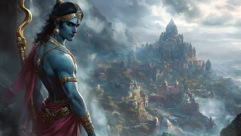 Epic digital painting of mythic guardian and misted temple city.