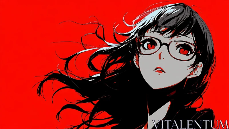 Red-eyed anime girl in stark black silhouette against crimson field