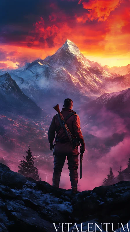 Bold adventurer gazes toward a blazing, snowcapped summit