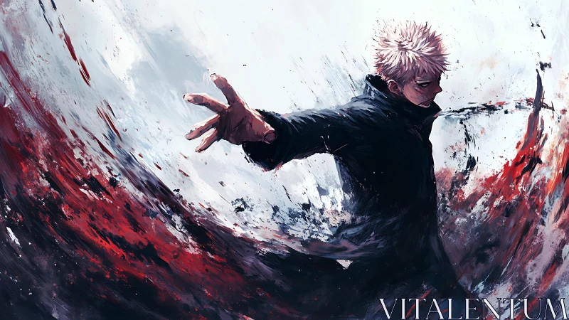 Anime warrior unleashes swirling red energy in battle.