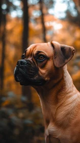 Autumn forest sentinel dog gazes through ember-soft light.