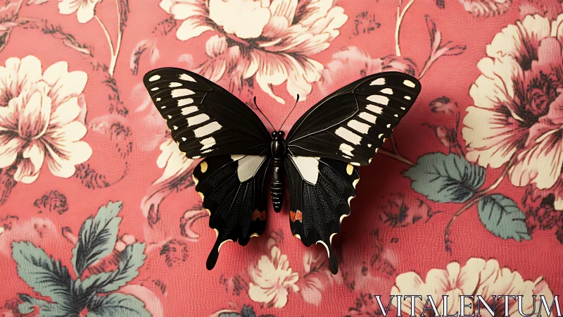 Velvet-winged butterfly steals the spotlight from floral wallpaper