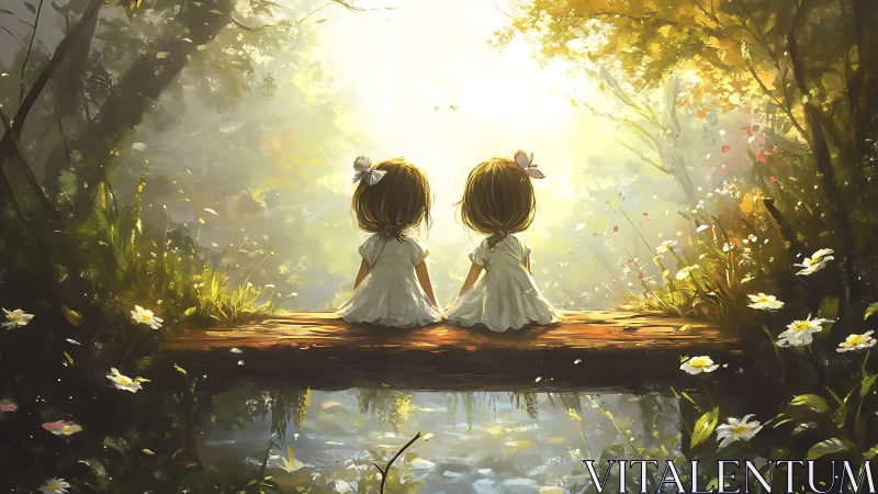 Digital painting of twin girls on sunlit forest bridge.