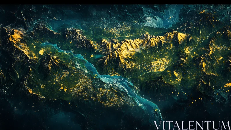 Luminous mountain range with electric river and glowing valleys.