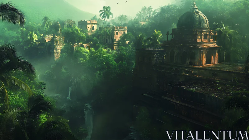 Emerald jungle citadel cradling forgotten waterfall temples.