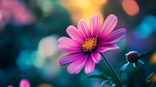Radiant Pink Cosmos Flower Blooming with Golden Heart.