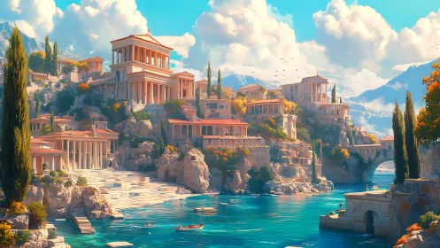 Coastal hillside city with classical temples above turquoise bay