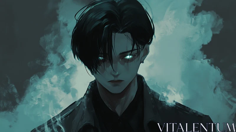 Male figure with glowing eyes in teal atmospheric haze.