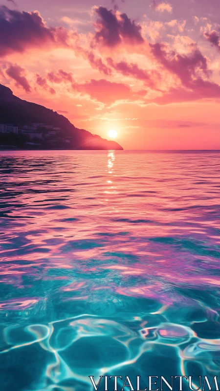 Coastal sunset over calm sea with pink and cyan reflections.