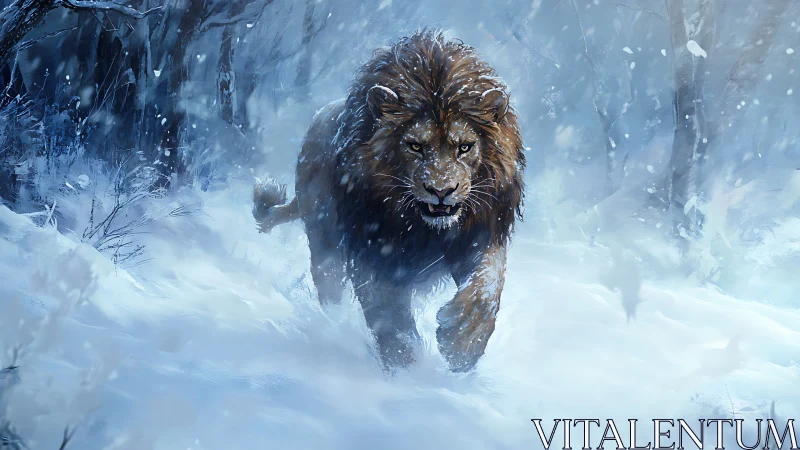 Snow-dusted lion strides through blizzard-lit winter forest