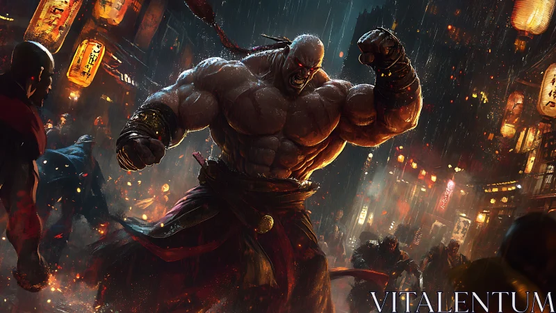 Muscular humanoid figure confronting opponents in rainy street.