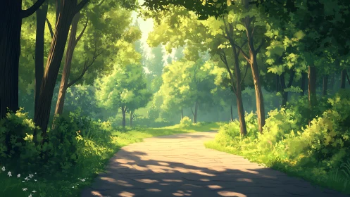 Sunlit Forest Path Through Verdant Canopy
