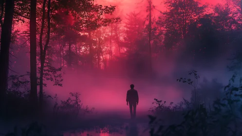 Crimson fog swallows a lone wanderer in neon-tinted woods