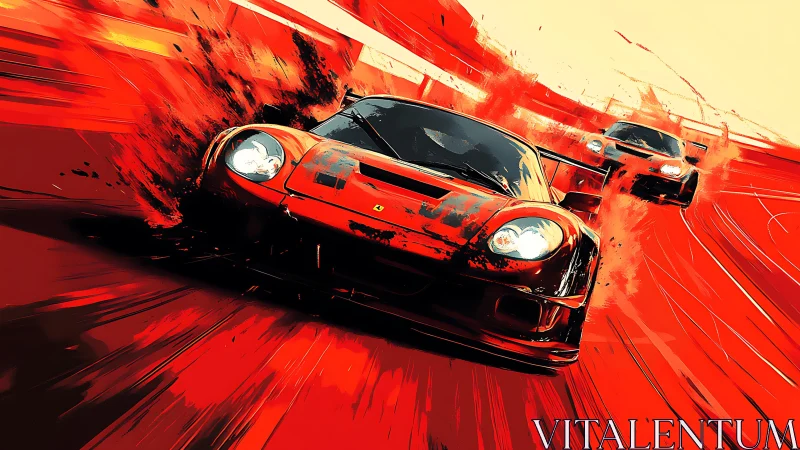 Red race cars drift aggressively through stylized track
