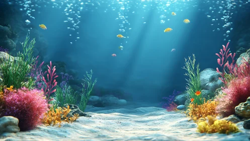 Sunlit coral reef glows beneath clear tropical water.