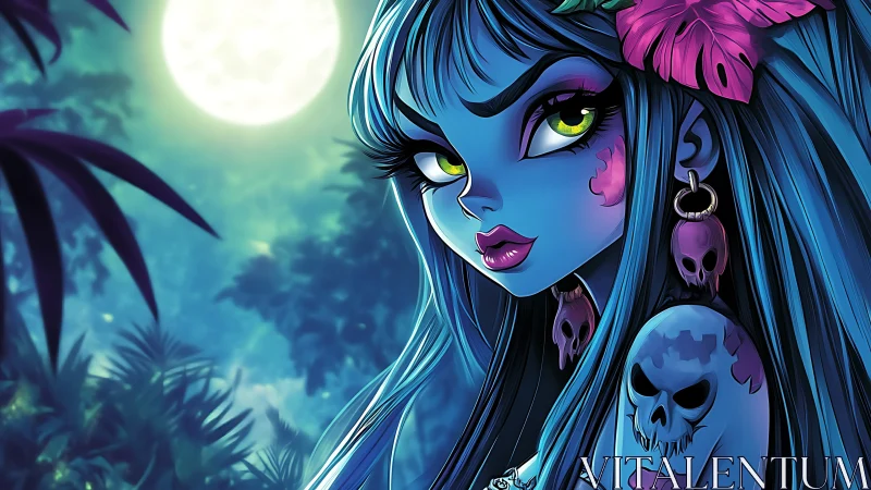 Blue-skinned stylized woman with skull motifs under moonlight.