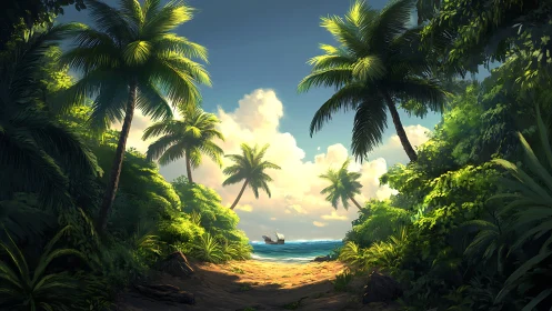 Tropical Coastal Landscape: Palms and Sandy Beach with Distant Vessel