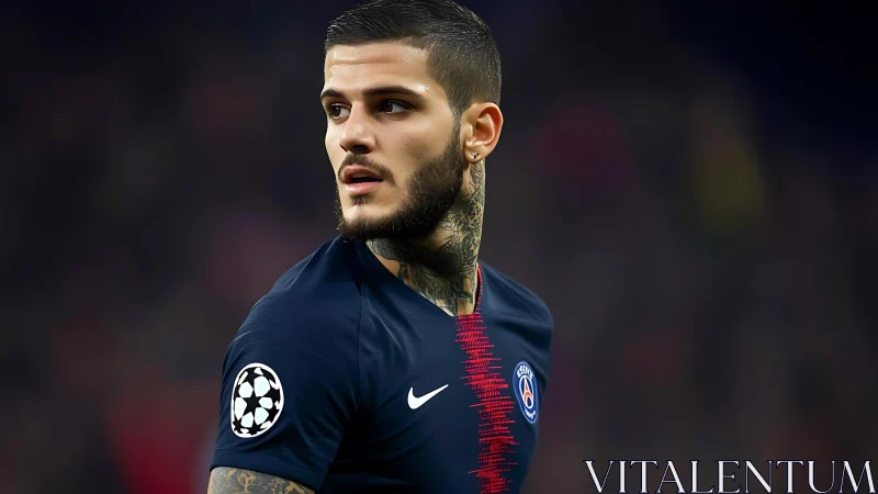 Tattooed footballer in navy kit under stadium lights.