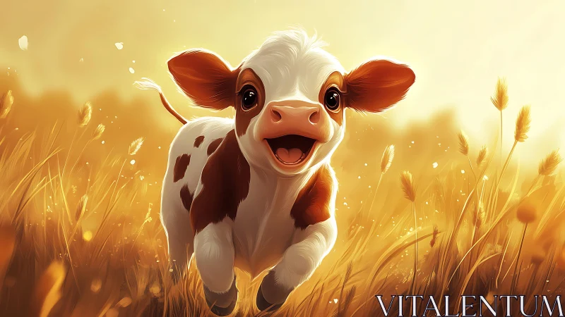 Happy cartoon calf running through golden wheat field.