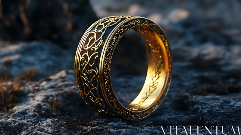 Photorealistic macro of ornate golden ring on stone terrain.